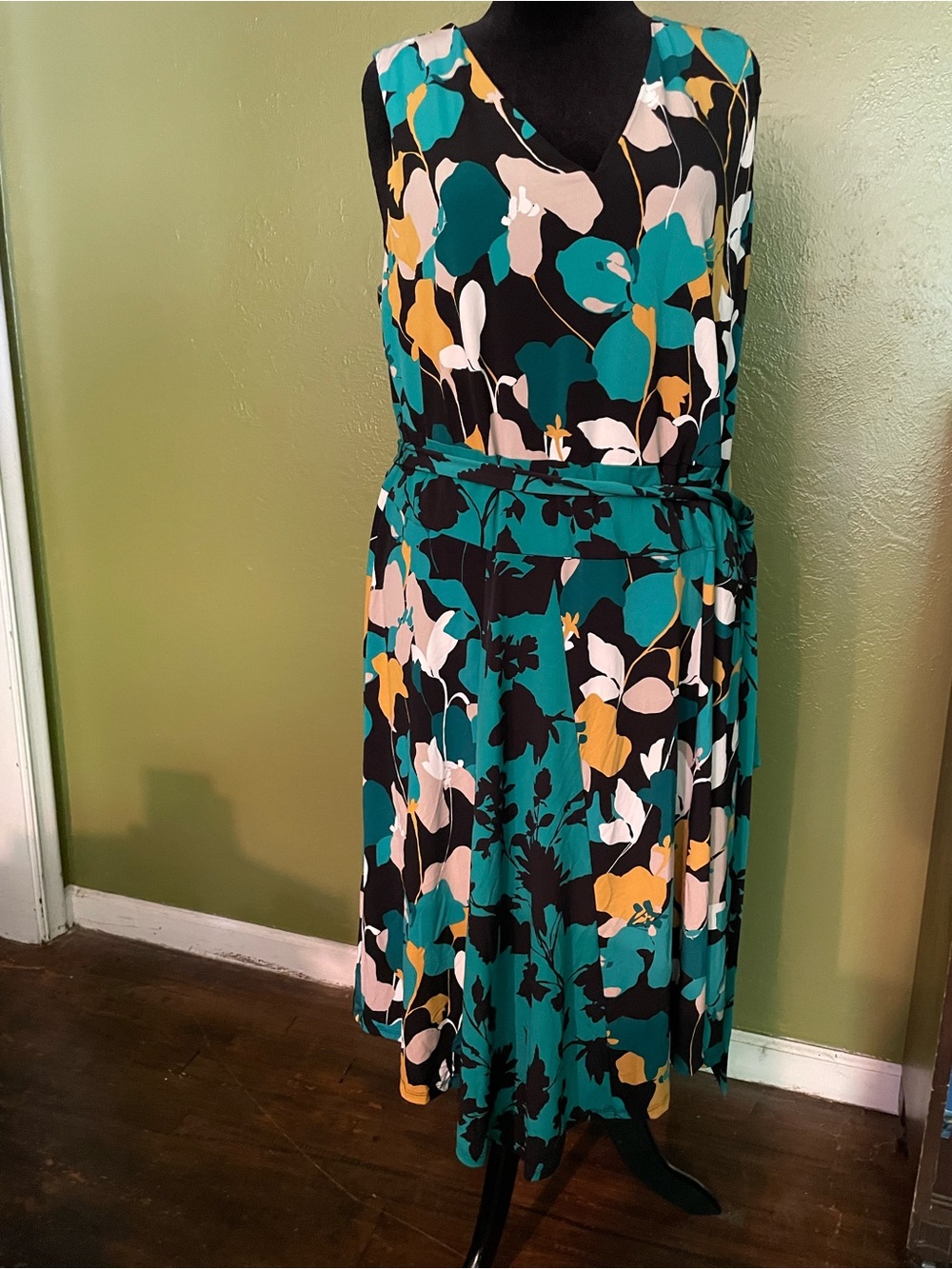 Calvin Klein Teal Floral Sleeveless Midi Dress with Mustard and Black Accents